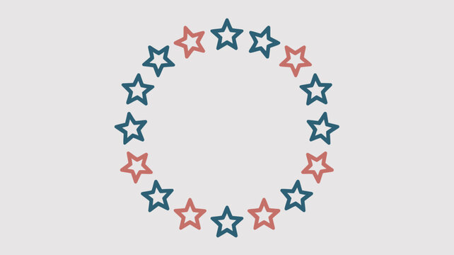 A circular arrangement of red and blue stars on a white background
