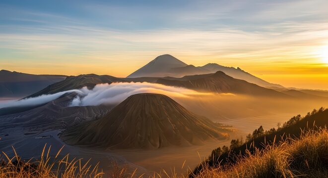 Majestic Mount Bromo Volcano Landscape at Sunrise with Volcanic Peaks and Ethereal Clouds in Indonesia.