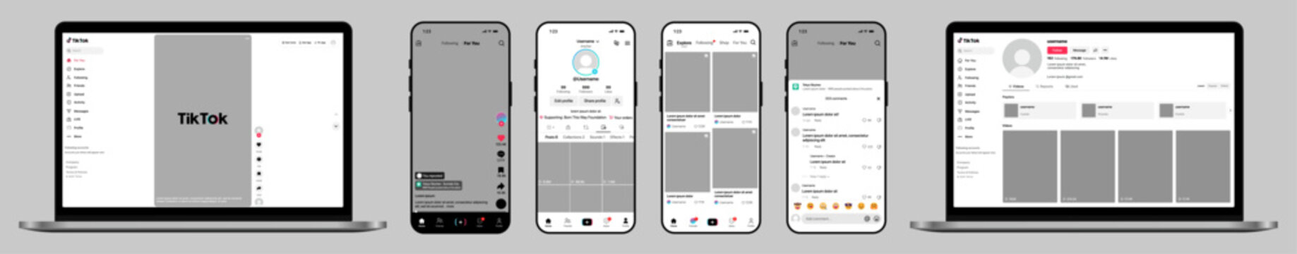 TikTok Mobile and Desktop UI Mockup for Profile Feed and For You Page
TikTok Video Interface and Creator Dashboard Design Template for TikTok Social Media Platform