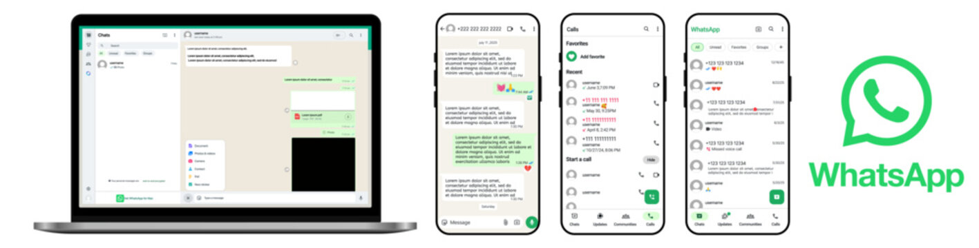 WhatsApp Chat and Call Interface Mockup for Mobile and Desktop Application
WhatsApp Messaging and Calling UI Design Template for WhatsApp Communication Platform