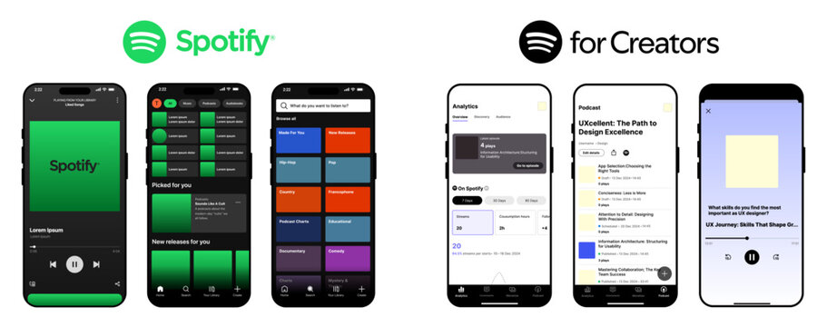 Spotify Music Streaming and Spotify for Creators App UI Mockup Collection
Spotify Player Interface and Spotify for Creators Analytics Dashboard Design Template