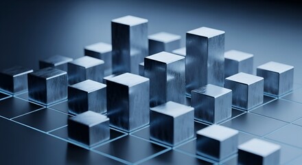 Abstract Metallic Cubes Arranged on Gridded Surface with Soft Focus and Blue Tones