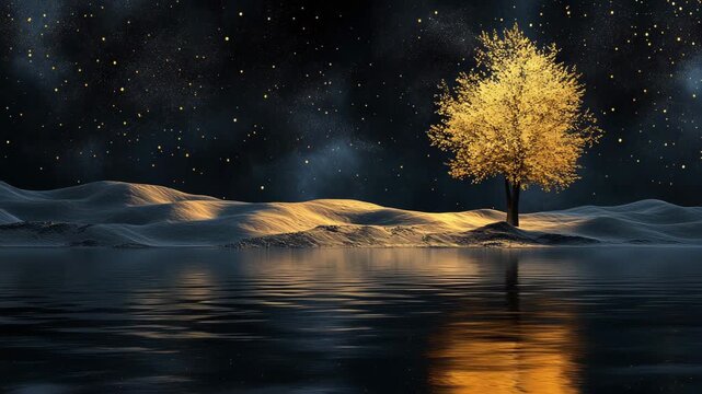 abstract painting with a deserted sea and a tree with golden leaves