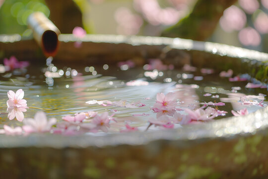 Close-up of pink cherry blossom petals floating on the water of a traditional Japanese shrine basin