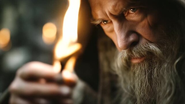 Digital creative collage faceless wise wizard doing burning ritual spell, defocused mystical background, flame ceremony, supernatural magic, fantasy sorcerer, arcane powers, with