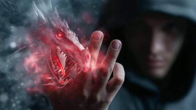 Digital creative collage faceless wizard fighting dangerous dragon with powerful magical powers, defocused epic battle background, supernatural conflict, fantasy combat, mystical