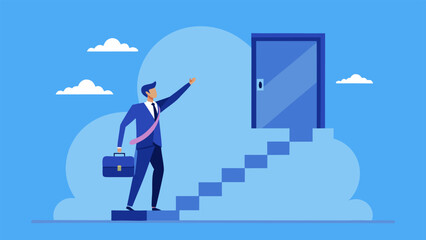 Fototapeta premium Businessman climbing ladder to open door of new opportunities.eps