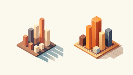 Two isometric bar charts displaying data trends with varying heights and colors, casting shadows on a neutral background