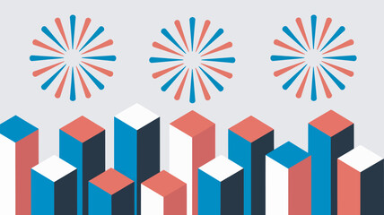 Fototapeta premium A colorful graphic illustration of red, white, and blue bars and fireworks on a light gray background.