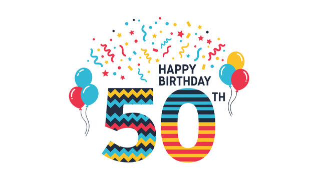 Festive fiftieth birthday celebration graphic featuring colorful balloons, confetti, and a bold patterned number fifty for a milestone.