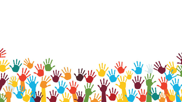 Vibrant border made of numerous multi colored handprints of different sizes representing diversity, community, and teamwork.