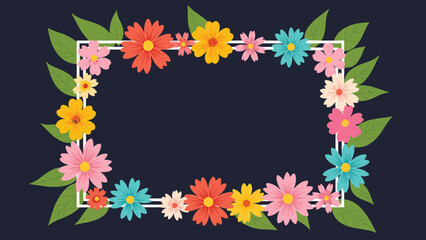 Obraz premium Elegant rectangular frame made of various colorful flowers and green leaves on a dark blue background with central copy space.