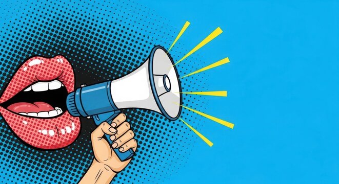 Pop art style illustration of a person shouting through a megaphone, conveying a message or announcement