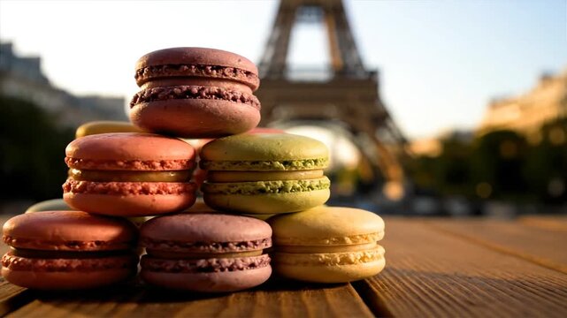 Colorful Macarons Stacked Near Eiffel Tower.