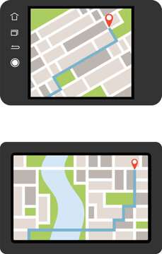 Navigator, car navigation icon, route search via navigator. Vector, cartoon illustration, poster, postcard, vector