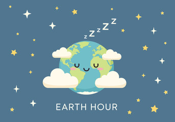 Naklejka premium A cute cartoon earth sleeping peacefully among clouds and stars at night