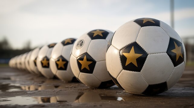 Row of Soccer Balls with Stars Anticipating 2026 Football World Cup on Wet Field