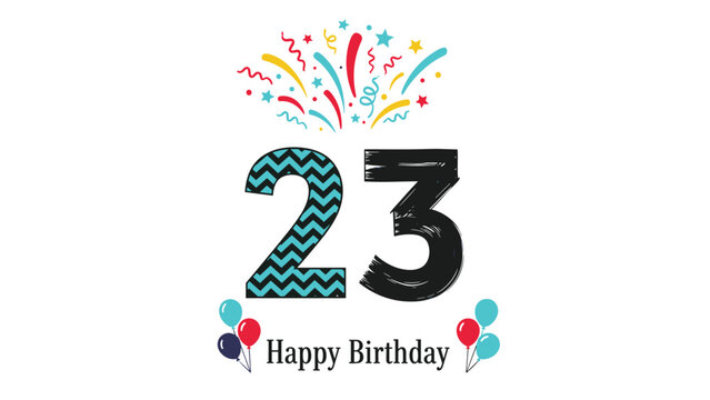 Celebration of a twenty third birthday is marked by a large number twenty three with colorful confetti, stars, and balloons on a white field.
