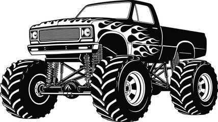 Monster truck vector illustration with fire flames design and large tires for off road racing automotive sports isolated on white © Liza