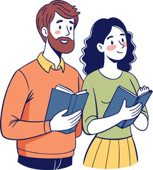 Man and woman hold a book in their hands. Human character on white background. Hand drawn style vector design illustrations. . white background 
