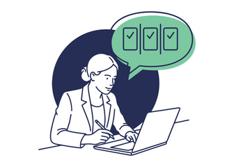 Naklejka premium Female employee checking tasks on laptop with checklist and checkboxes