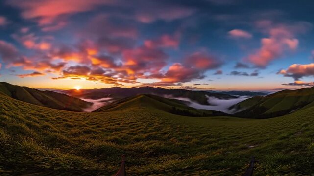 Beautiful sunrise over green mountain peaks with dramatic pink and orange clouds and low mist in the valleys