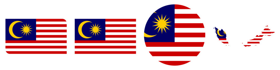 malaysia circular flag, malaysia rectangular flag, malaysia map flag flat icon