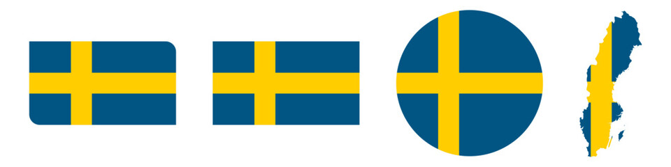 sweden circular flag, sweden rectangular flag, sweden map flag flat icon