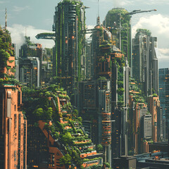 Fototapeta premium Urban jungle skyscrapers covered in lush greenery futuristic city digital art daytime nature meets technology