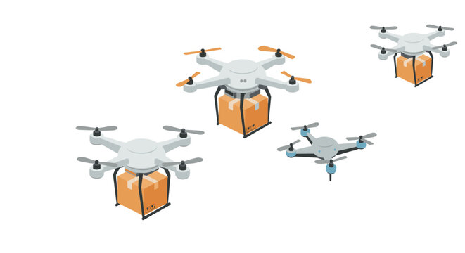 set of four delivery drones carrying packages isometric illustration