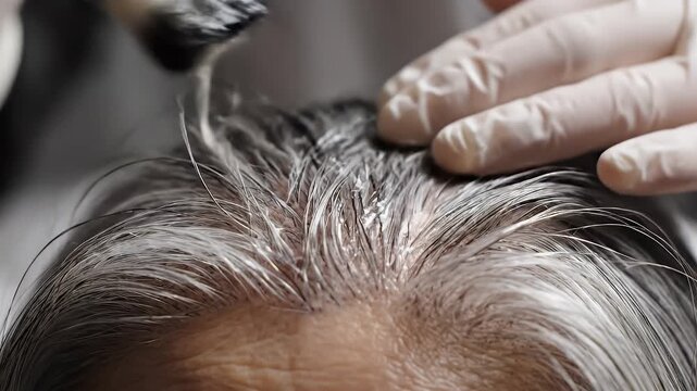 Close up of hairdresser applying dye to elderly woman's grey hair with a brush, close up detailed shot of hair dyeing process
