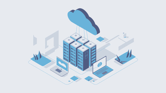 An isometric illustration of a cloud computing system with servers and devices connected to the internet