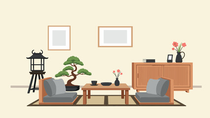 Fototapeta premium cozy japanese style living room interior with bonsai plant tatami chairs and wooden furniture hand drawn illustration