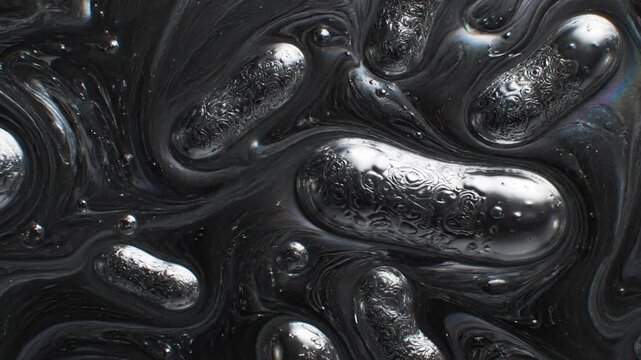 Abstract close-up of metallic liquid, mercury droplets, and swirling patterns in a dark, glossy substance