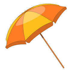 Open beach umbrella, orange and yellow stripes, isolated on transparent background, summer