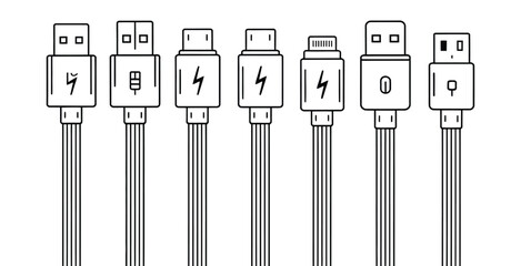 USB cable icons set, charger vector icons showing USB Type C A B Lightning and Micro USB connectors for digital device and electronics graphics. © Kayla Quentin