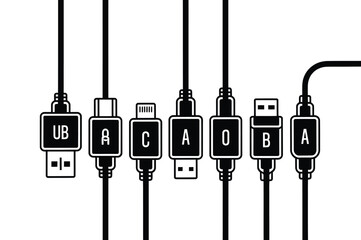 USB cable icons set, charger vector icons showing USB Type C A B Lightning and Micro USB connectors for digital device and electronics graphics. © Kayla Quentin