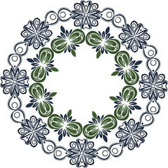 Fototapeta premium Luxury Dual-Layered Ornate Radial Frame with Forest Green and Navy Blue Botanical Blossoms and Symmetrical Floral Design on White Background