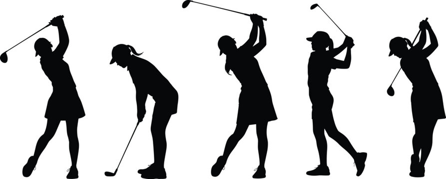Five black silhouettes of female golfer performing complete golf swing sequence, from backswing to follow-through, isolated on white background, ideal for sports training and instructional design