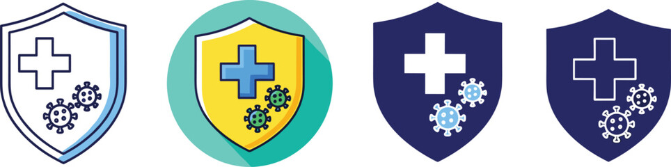 Obraz premium Medical shield protection icons with cross and virus symbols in flat vector illustration for healthcare security, immunity concept and insurance logo design.