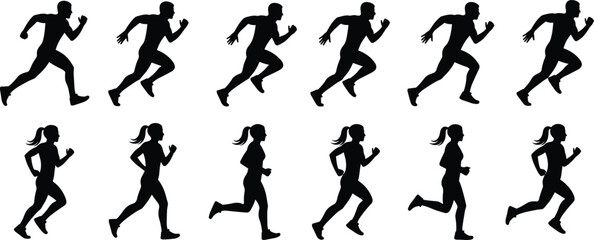 Silhouettes of male and female runners in motion sequence, sports vector illustration showing running poses for athletics, fitness, biomechanics, training, and physical education design