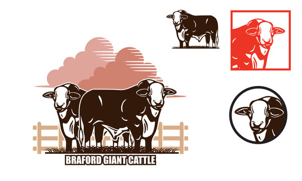 braford great giant cattle logo, silhouette of big bull standing vector illustrations