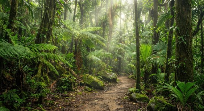 Lush dense tropical rainforest with a winding dirt path leading through vibrant green foliage, mossy trees, and sunlit mist, creating an enchanting natural landscape