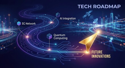 Obraz premium Dynamic futuristic technology roadmap illustration with glowing circuit paths, a golden arrow, and abstract data streams leading to future innovations against a dark blue background