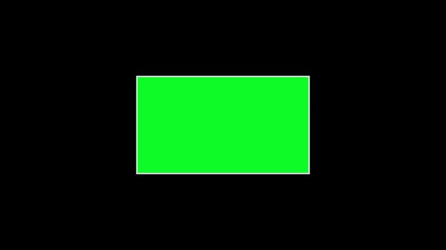 Green screen rectangle animation shrinking from large size down into the center point of a solid black background for video transitions