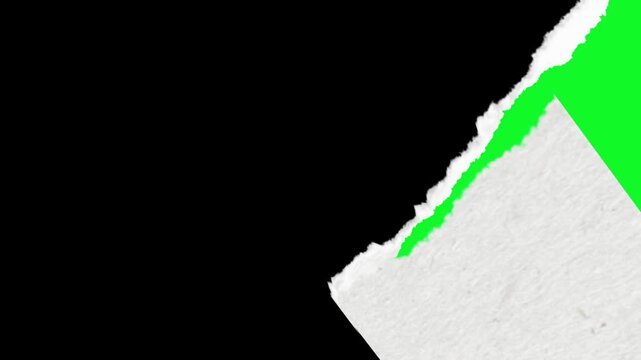 Tearing Paper Transition Revealing Green Screen Background With Ripped White Paper Edges Moving Across The Screen Frame On Black
