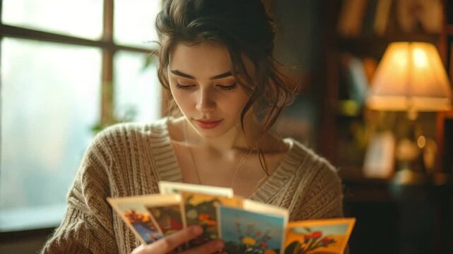 Young woman intently reading tarot cards in a cozy, warm indoor setting