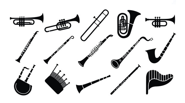 Black silhouettes of various musical wind instruments  trumpets flutes clarinets and tubas