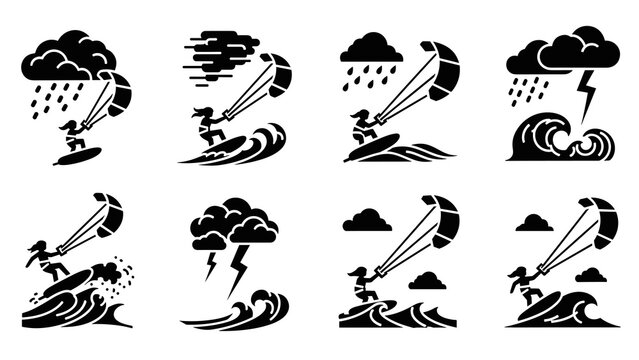 set of hand drawn kite surfing silhouettes with storm and wave elements