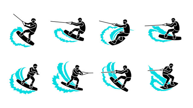 collection of hand drawn wakeboarder silhouettes with water splashes in black and blue
